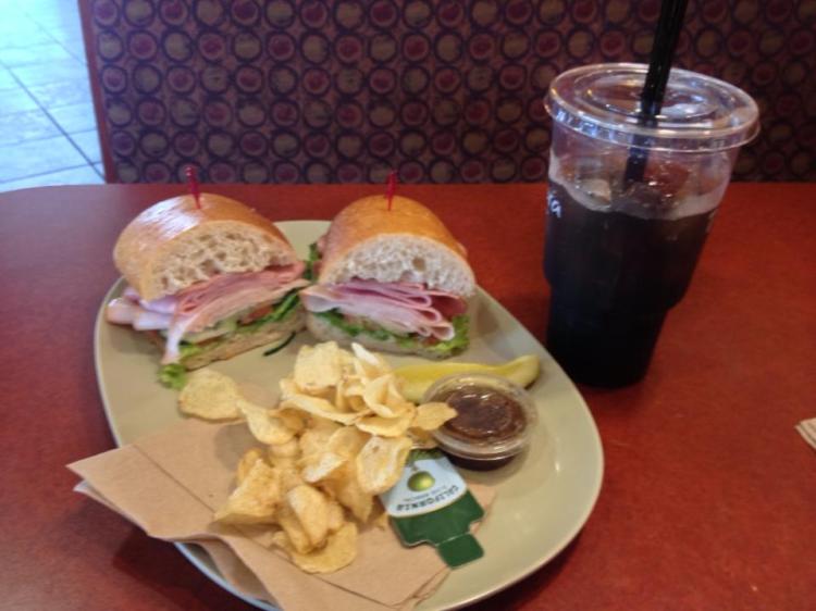 At Panera Bread I always get the Smoked Turkey Sandwich no onion, add ham, add cucumber, on ciabatta with two balsamic dressings on the side. Sometimes I get chips for the side, other times a sliced apple. 
